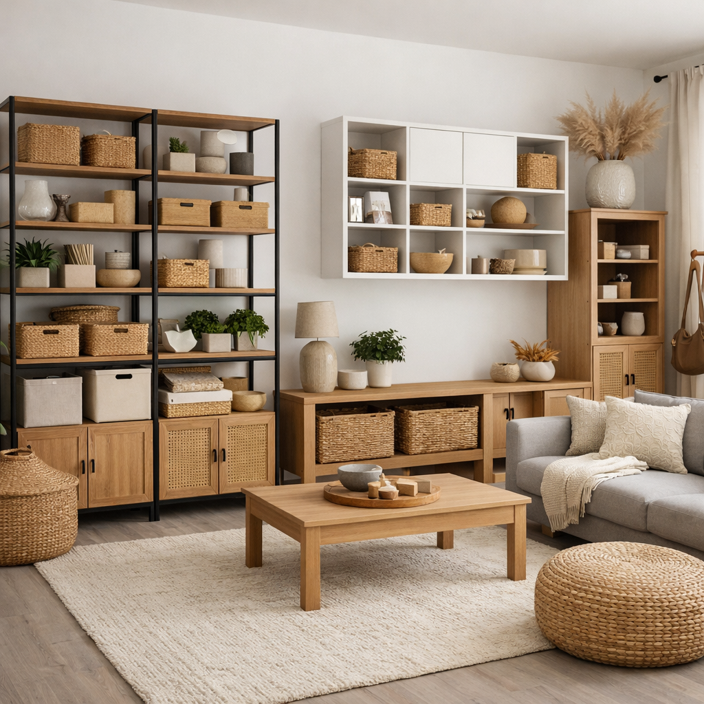 Stylish living room with functional storage solutions featuring wooden shelves, baskets, and a cozy sofa.
