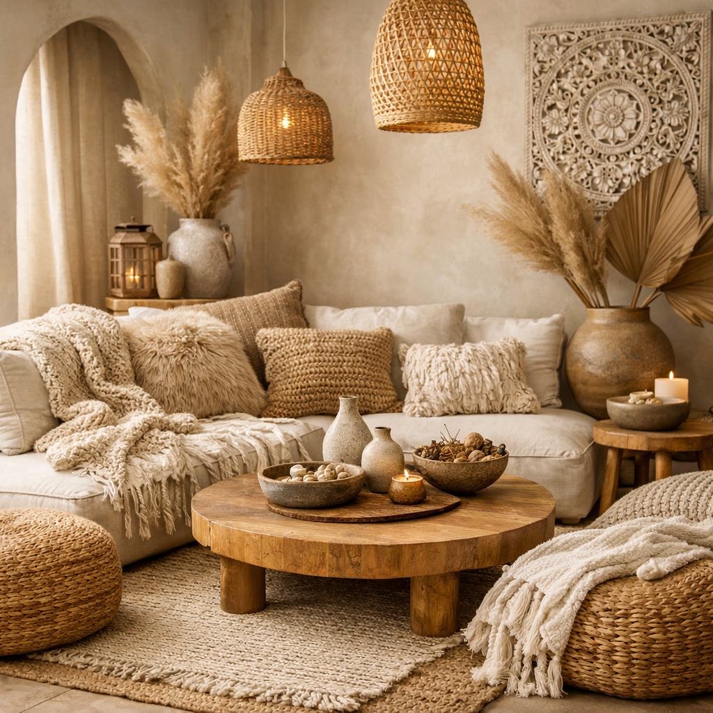 A cozy living room with a soft couch adorned with various textured pillows, a rustic wooden coffee table, and warm lighting.