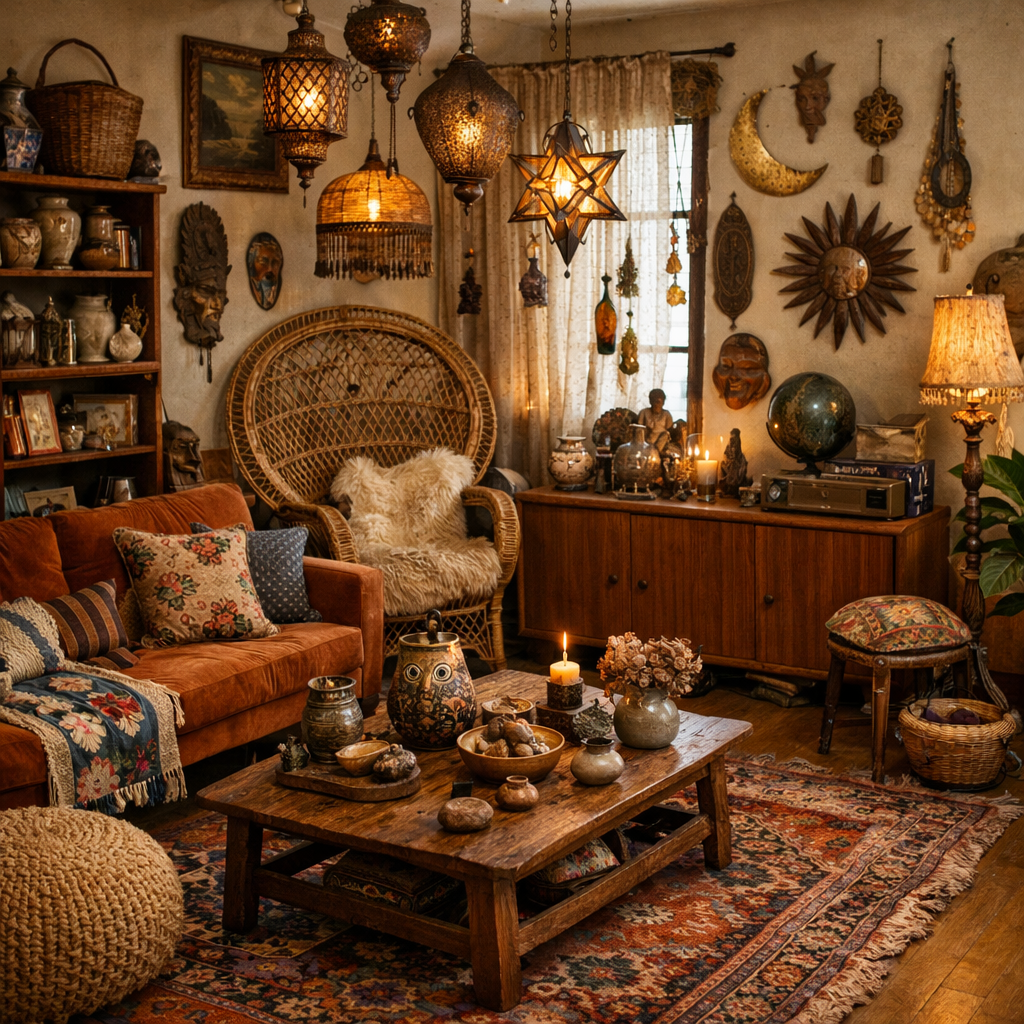 A cozy and inviting living room filled with unique decor items, warm colors, and personal touches.