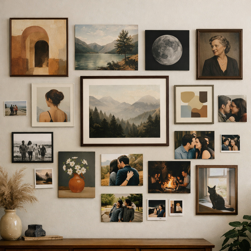 A wall decorated with various art pieces including landscapes, portraits, and personal photographs.
