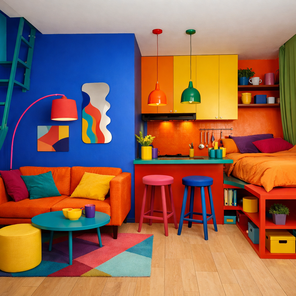 Vibrant small apartment interior with colorful decor, including blue walls, orange sofa, and colorful stools.
