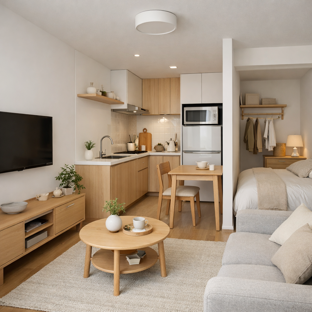 A clean and stylish small apartment featuring a light wood color scheme, simple furniture, and a spacious design.