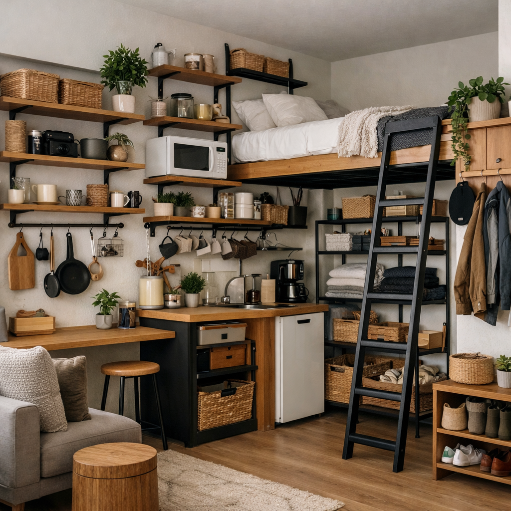 A small apartment showcasing a loft bed, kitchen area, and vertical shelving to optimize space.