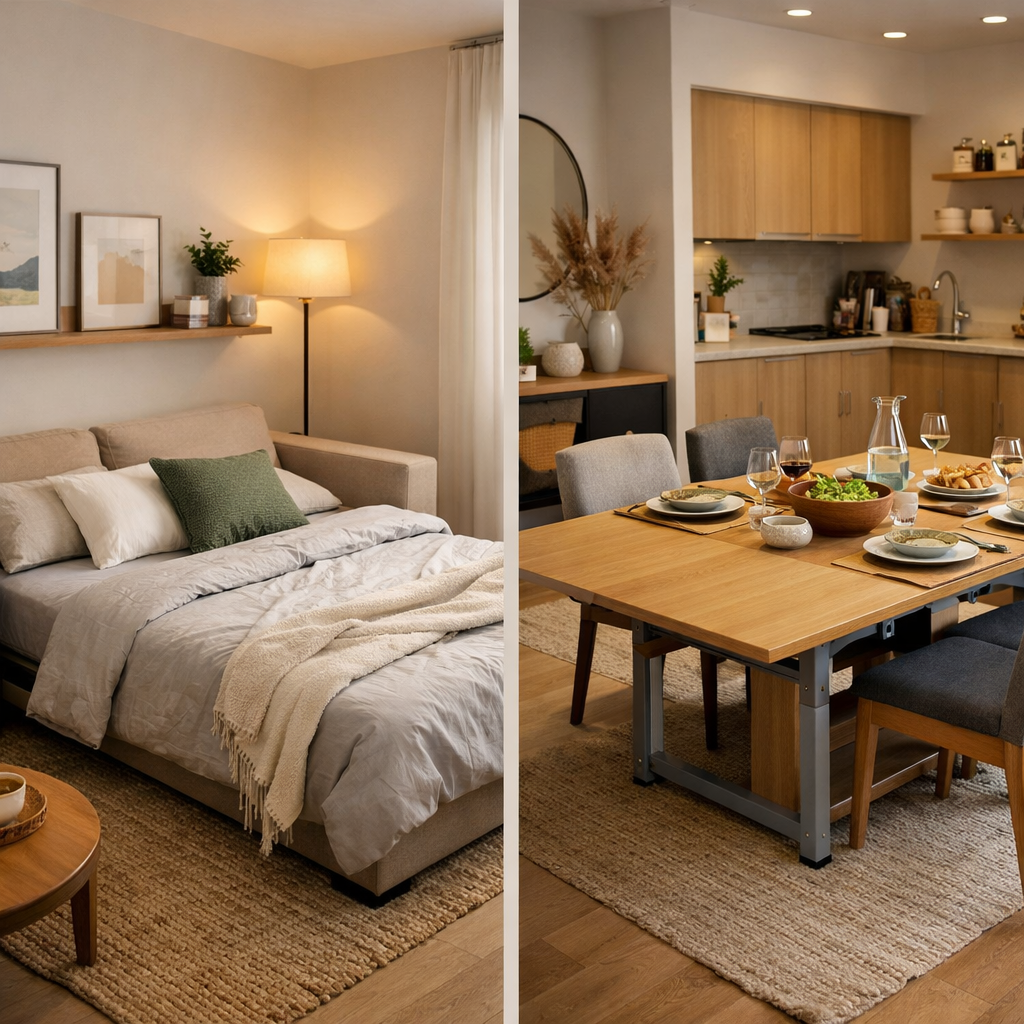 A cozy small apartment with multi-functional furniture, featuring a convertible sofa bed and a versatile dining table.