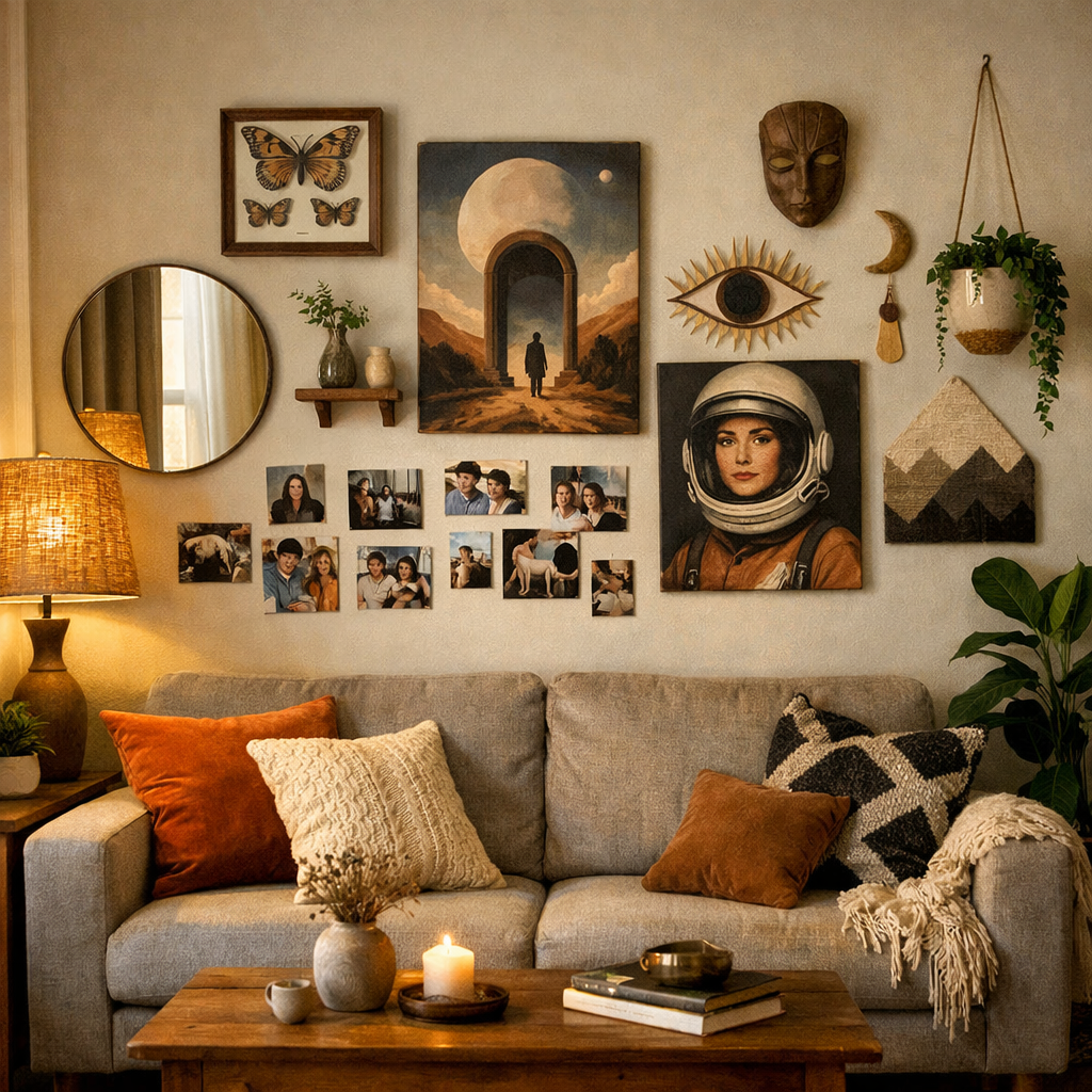 Cozy living room wall featuring personalized art, framed pictures, and decorative elements.