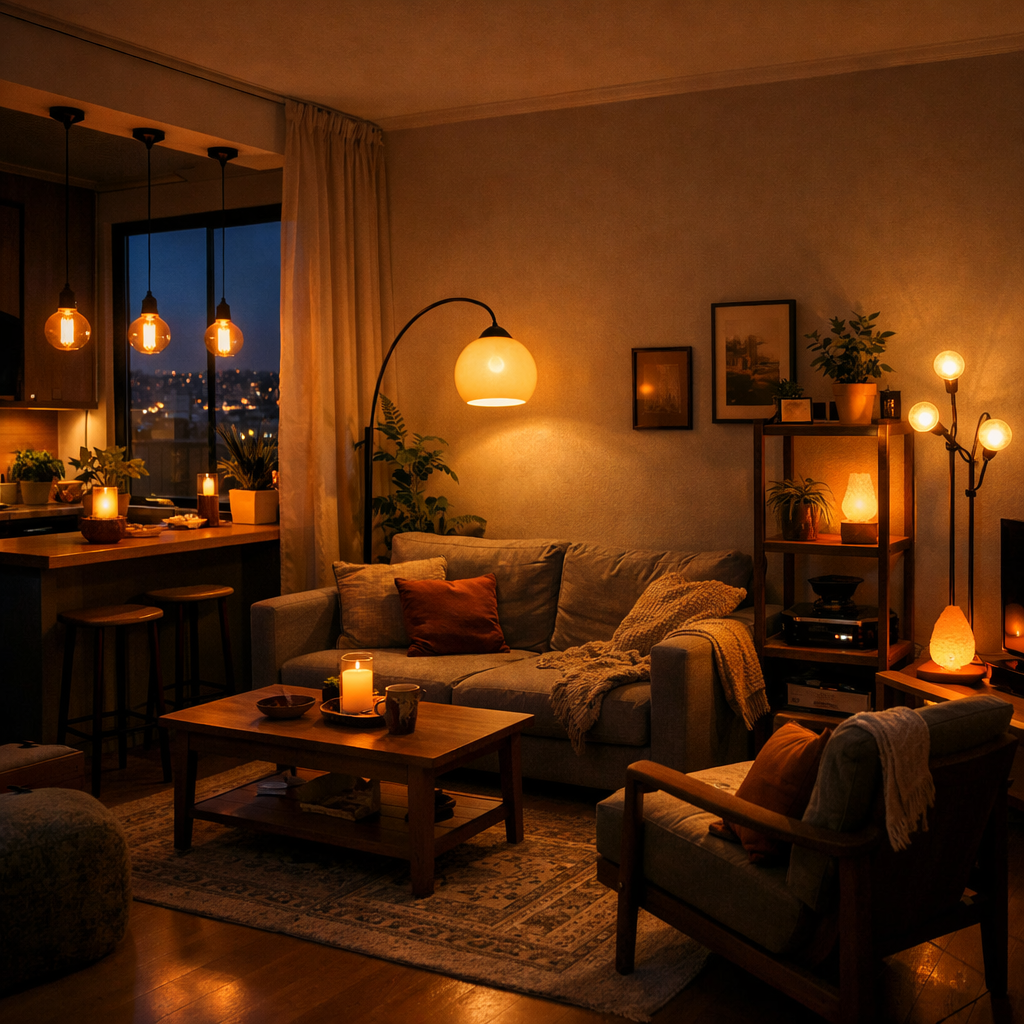 A cozy small apartment living room featuring smart lighting solutions with warm pendant lights, a floor lamp, candles, and plants.