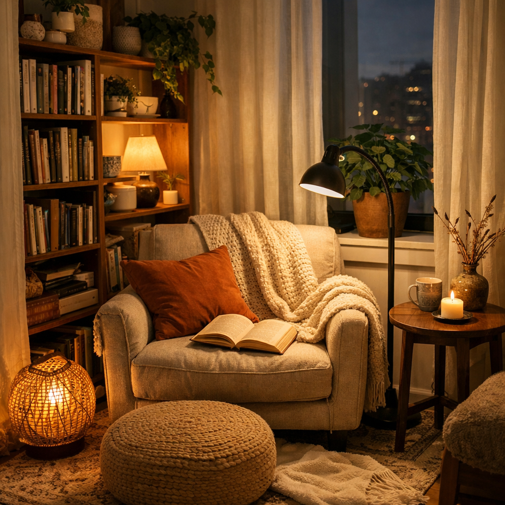 A cozy reading nook in a small apartment featuring a chair, blanket, bookshelf, and warm lighting.