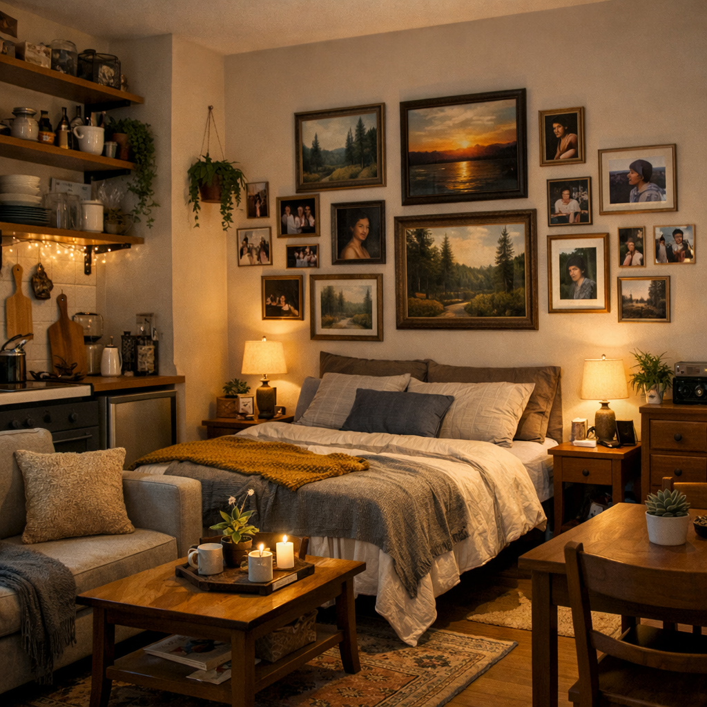 A cozy small studio apartment with a gallery wall of framed artwork and personal photos.