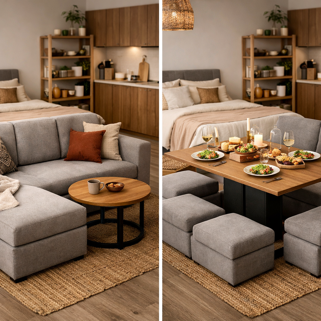 A small studio apartment featuring multi-functional furniture with a sectional sofa, transformable coffee table, and storage ottomans.