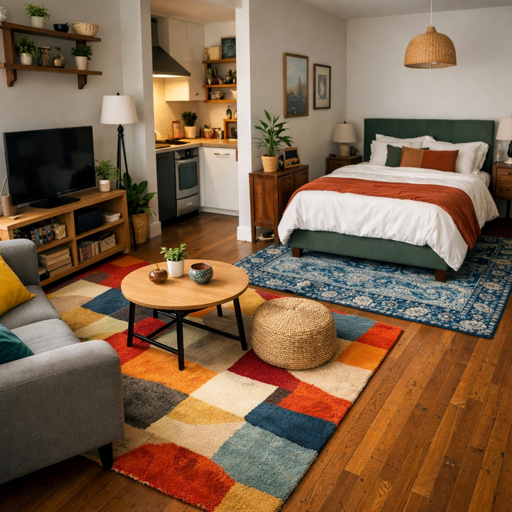 A small studio apartment showcasing defined zones created by area rugs, with vibrant colors and cozy furniture.