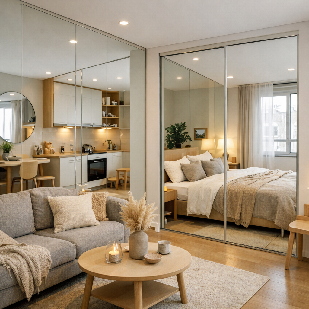 A well-decorated small studio apartment with mirrors creating depth and space.