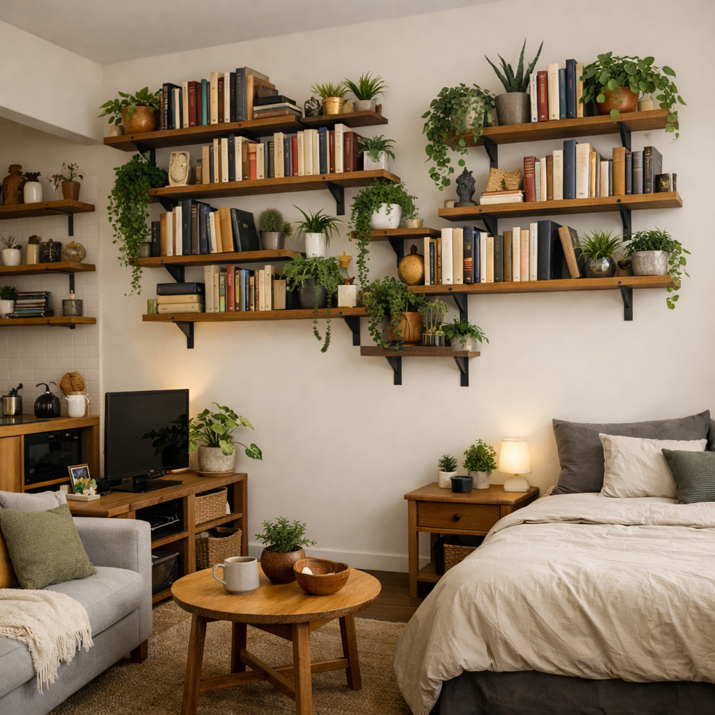 A cozy studio apartment with wooden shelving filled with books and plants.