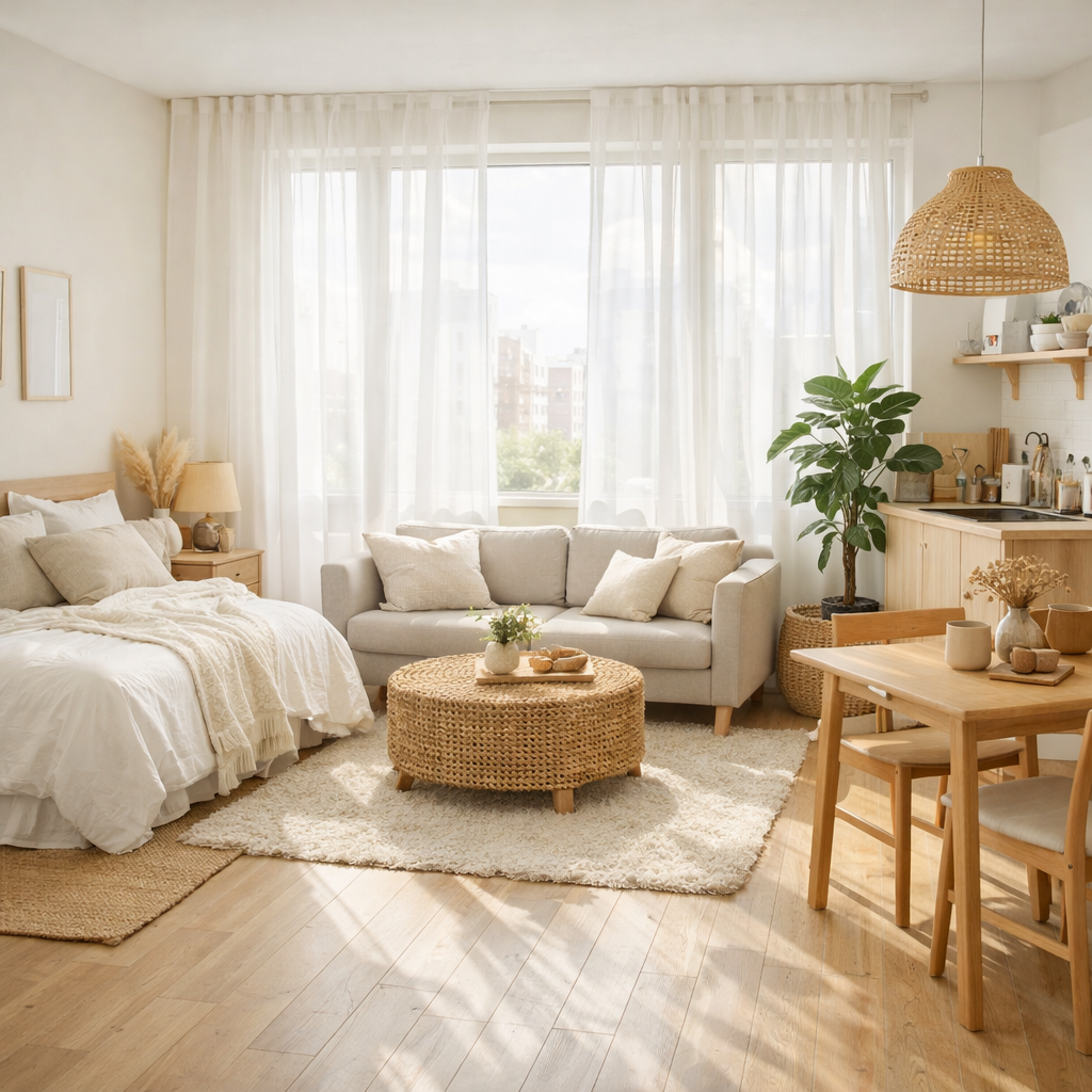 Cozy studio apartment with large windows and sheer curtains that allow natural light to flow in.