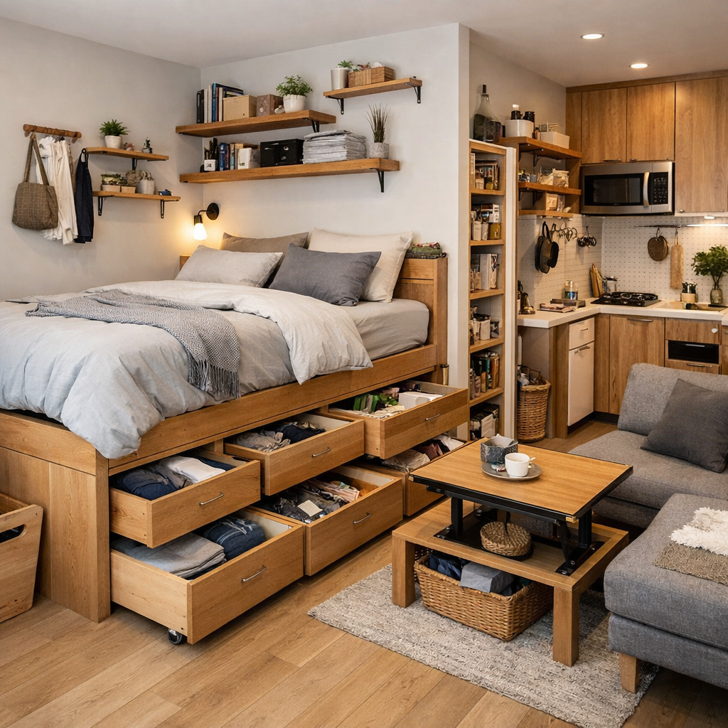 Cozy small studio apartment with smart storage solutions