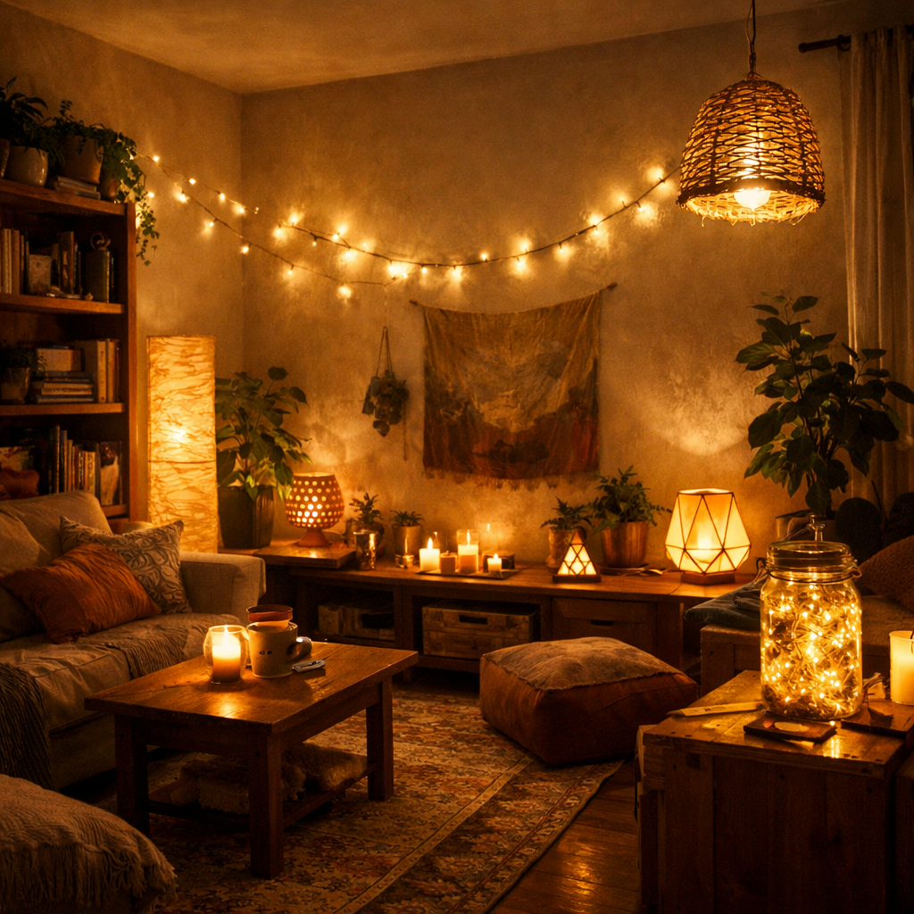 Cozy apartment living room with warm lighting, plants, and decorative lamps