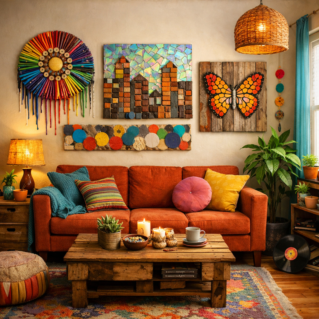 Colorful wall art in a cozy living room featuring a mix of different styles and textures.