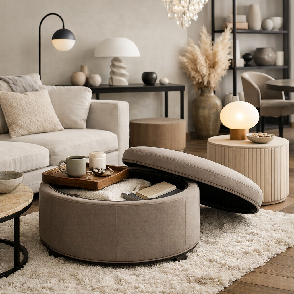 A stylish living room featuring a multifunctional ottoman used as a coffee table and storage, complemented by soft decor elements.