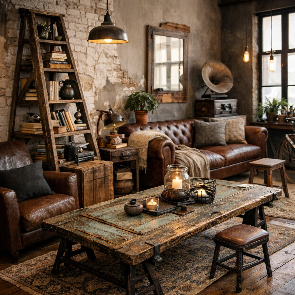 A cozy apartment interior with a vintage feel, featuring a wooden coffee table, a ladder bookshelf, and warm lighting.