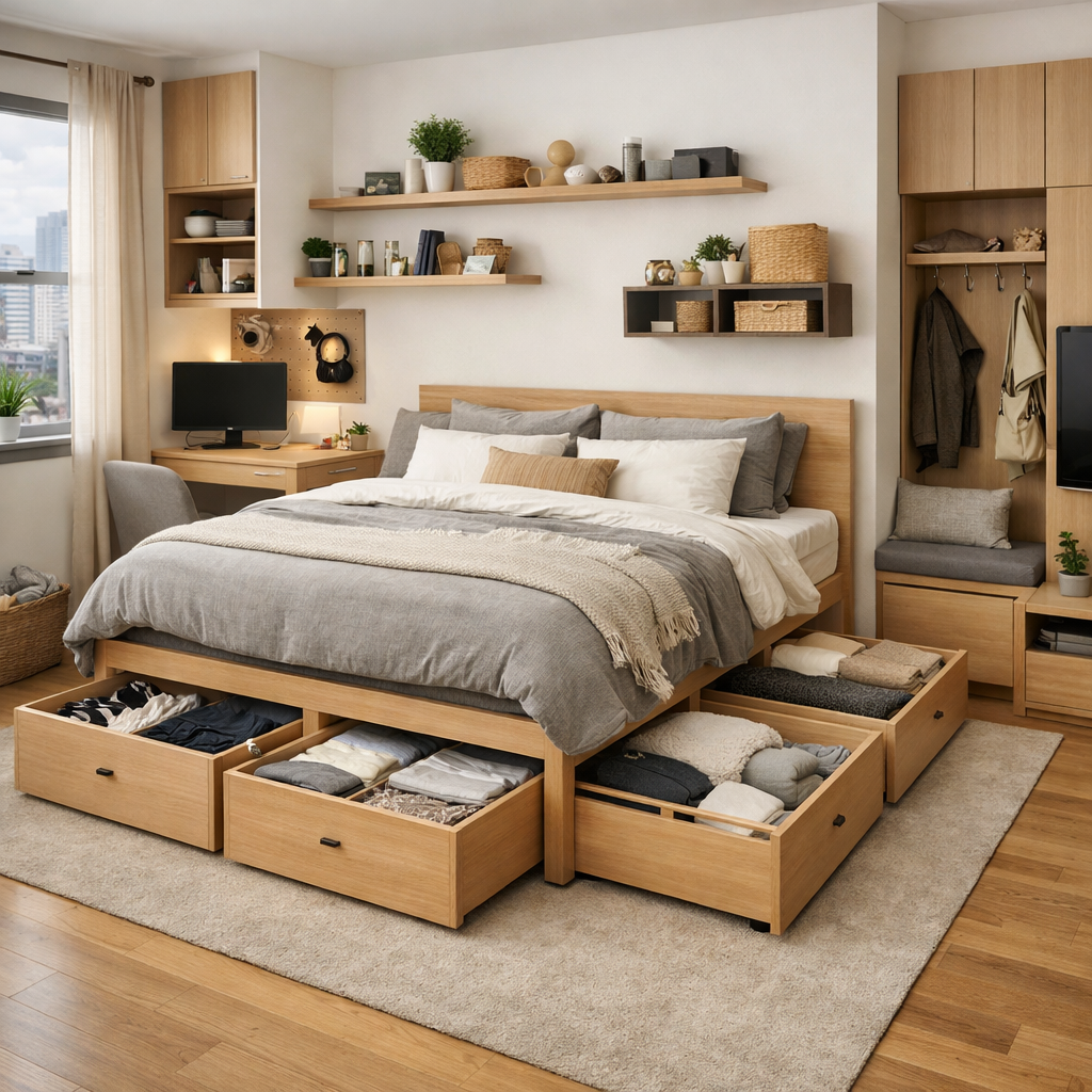 Cozy bedroom featuring a bed with storage drawers, floating shelves, and stylish organizational elements.