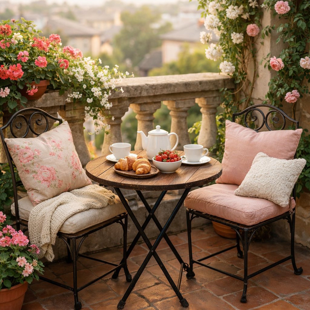 Charming bistro set on an apartment balcony with floral cushions, a wooden table, and beautiful greenery.