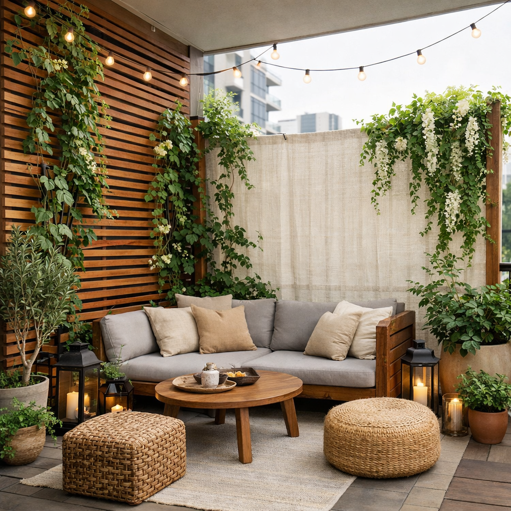 An apartment balcony decorated with privacy screens, greenery, a cozy sofa, and ambient lighting.