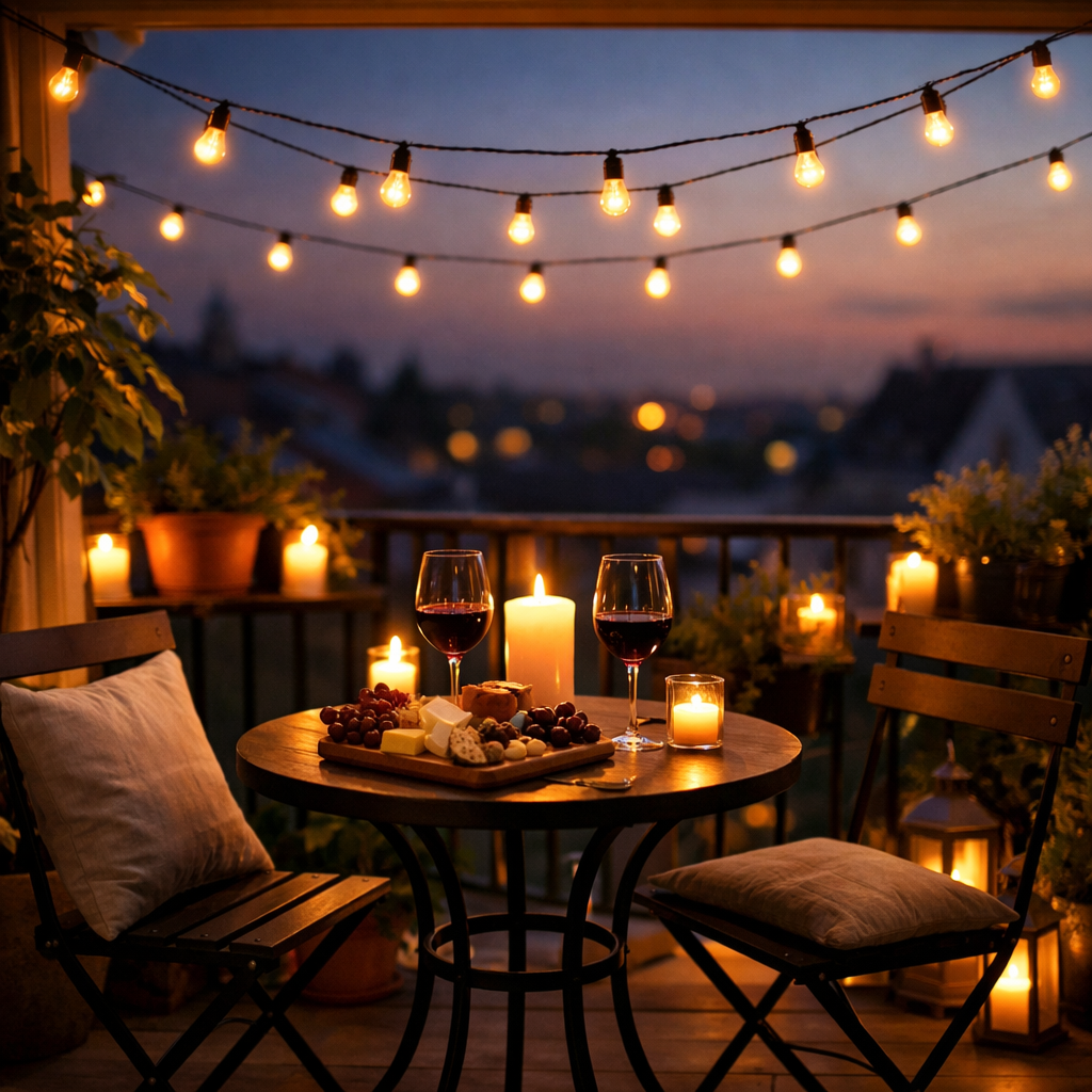Cozy balcony decorated with string lights, wine, candles, and snacks.