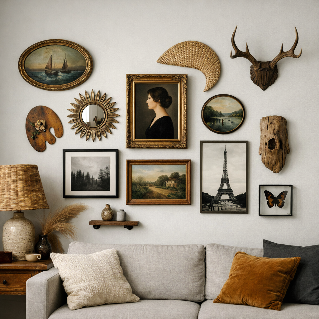 A creatively decorated wall with various framed art, a mirror, and natural elements, complementing the cozy apartment setting.