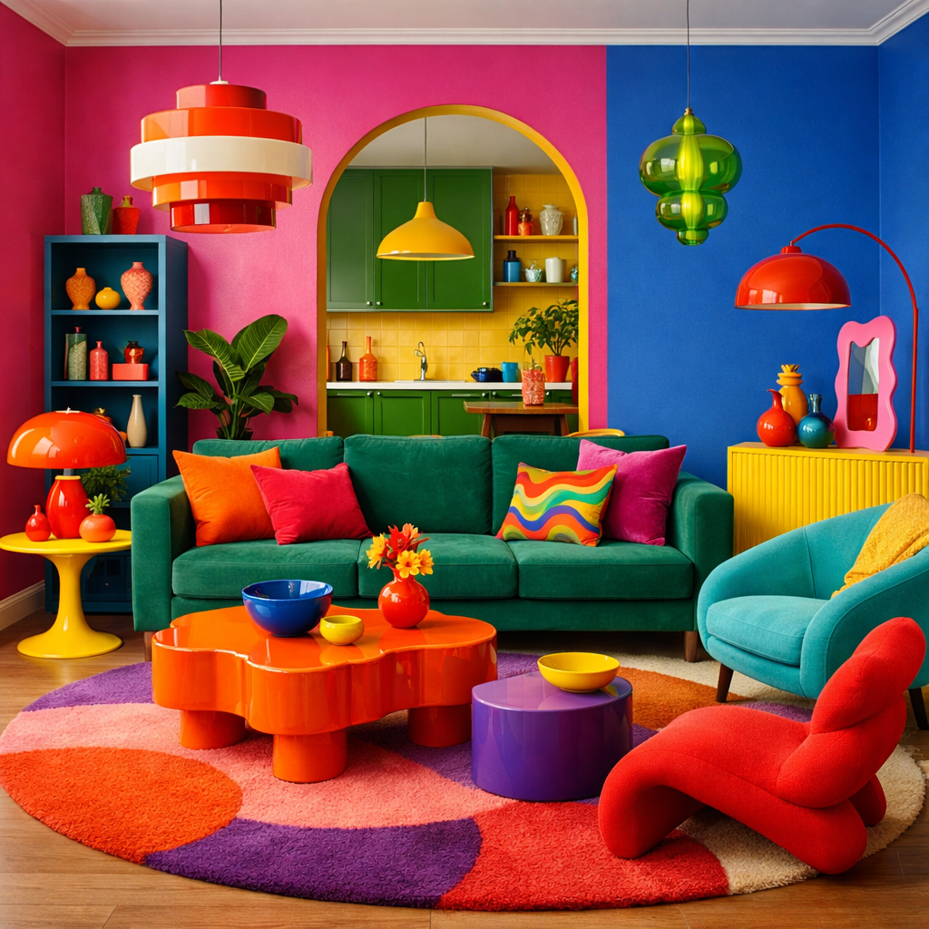 A colorful living room with a green sofa, bold rug, playful furniture, and vibrant decor.