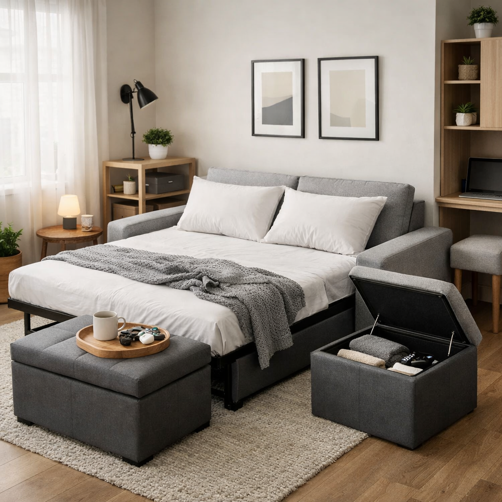 A stylish living area featuring a gray sofa bed, storage ottomans, and wooden shelves.