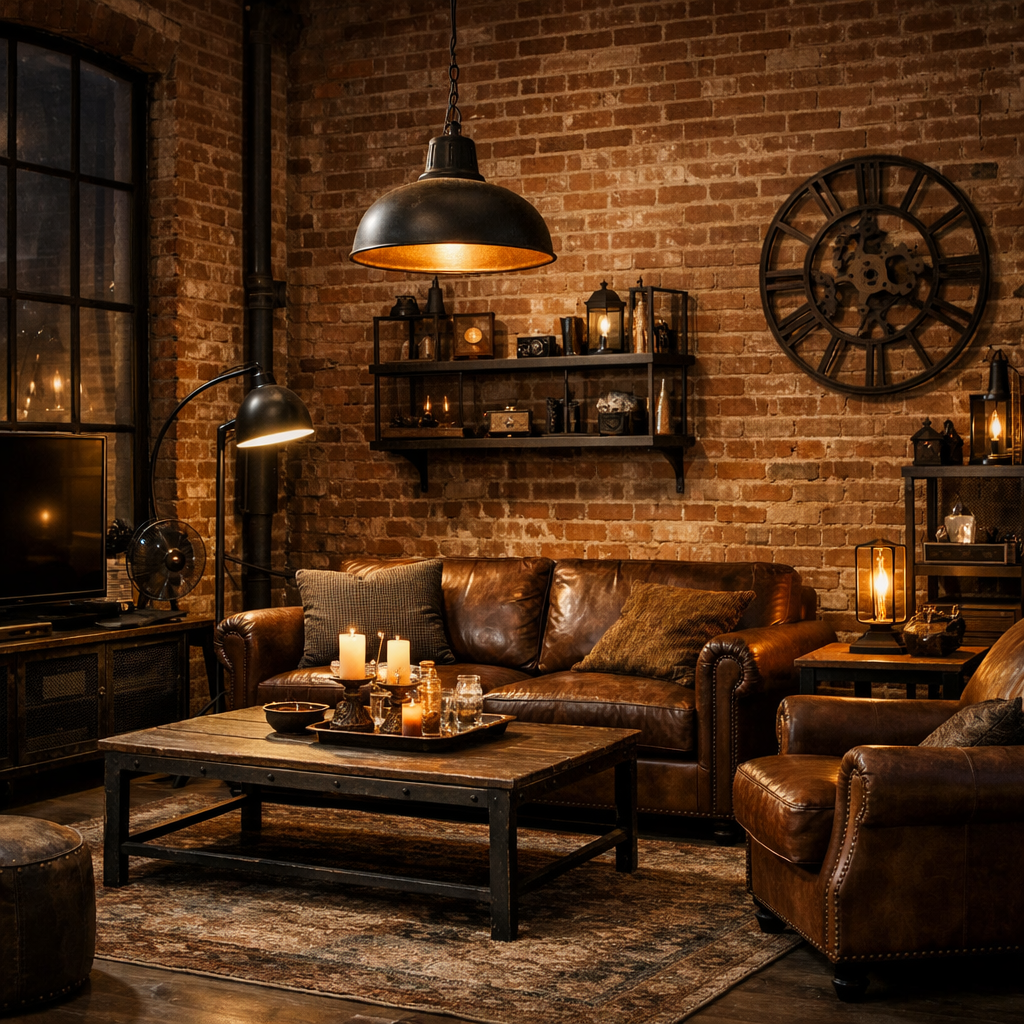 Cozy industrial styled living room with brick walls, leather sofa, and warm lighting