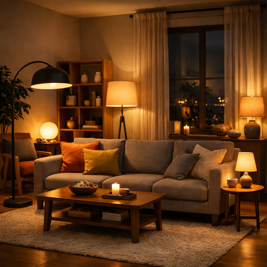 Cozy living room with various warm light sources, candles on a table, and a comfortable sofa