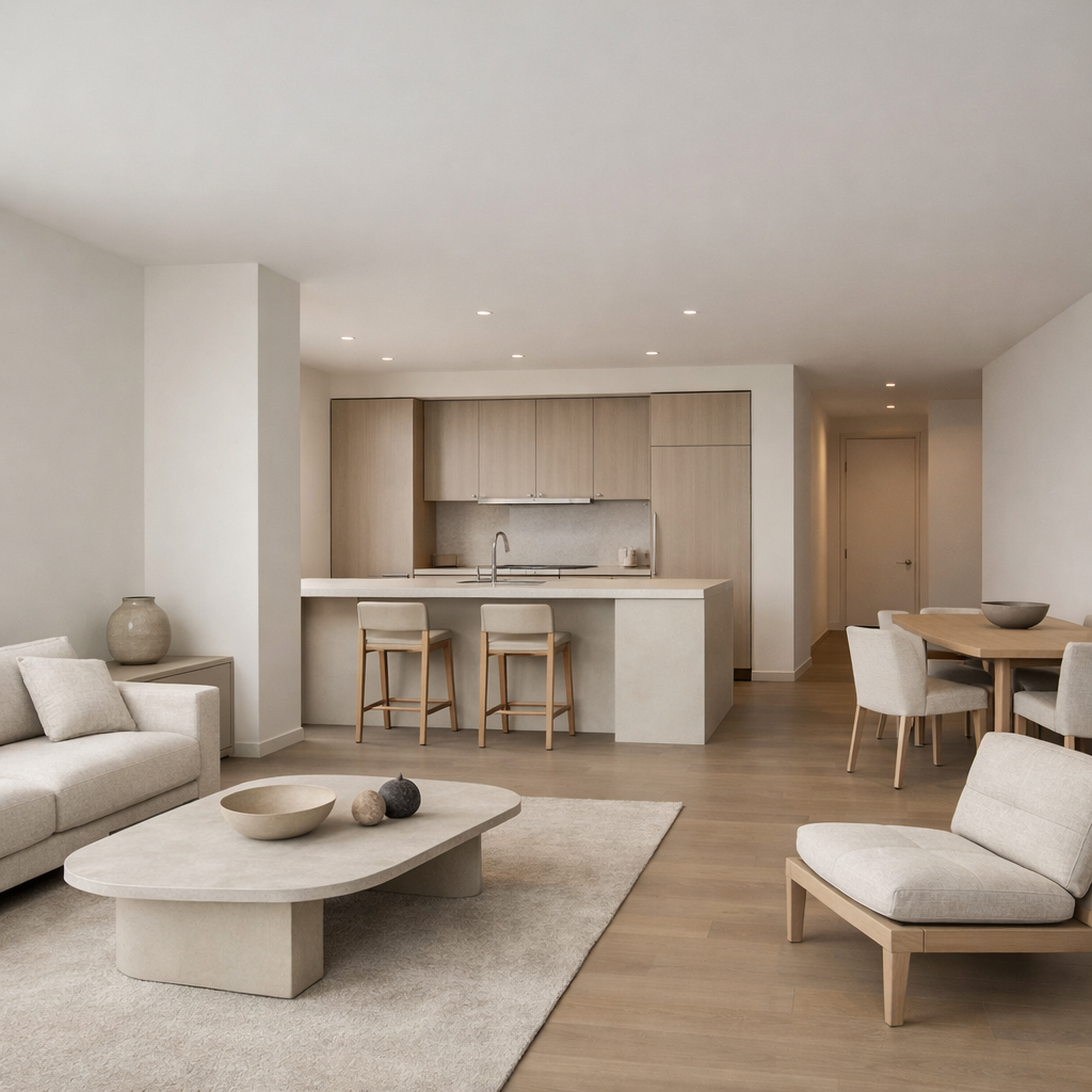 A modern minimalist apartment featuring neutral colors and simple furniture, including a sofa, coffee table, and kitchen island.