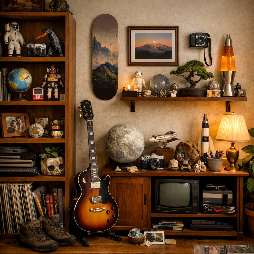 A cozy room filled with a variety of personal items, including a guitar, vintage camera, and unique collectibles.