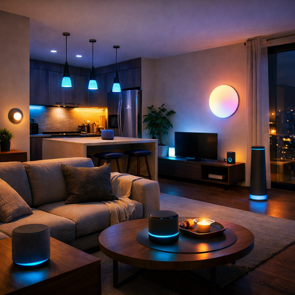 A modern living room featuring smart technology with colorful lighting, sleek furniture, and an inviting atmosphere.