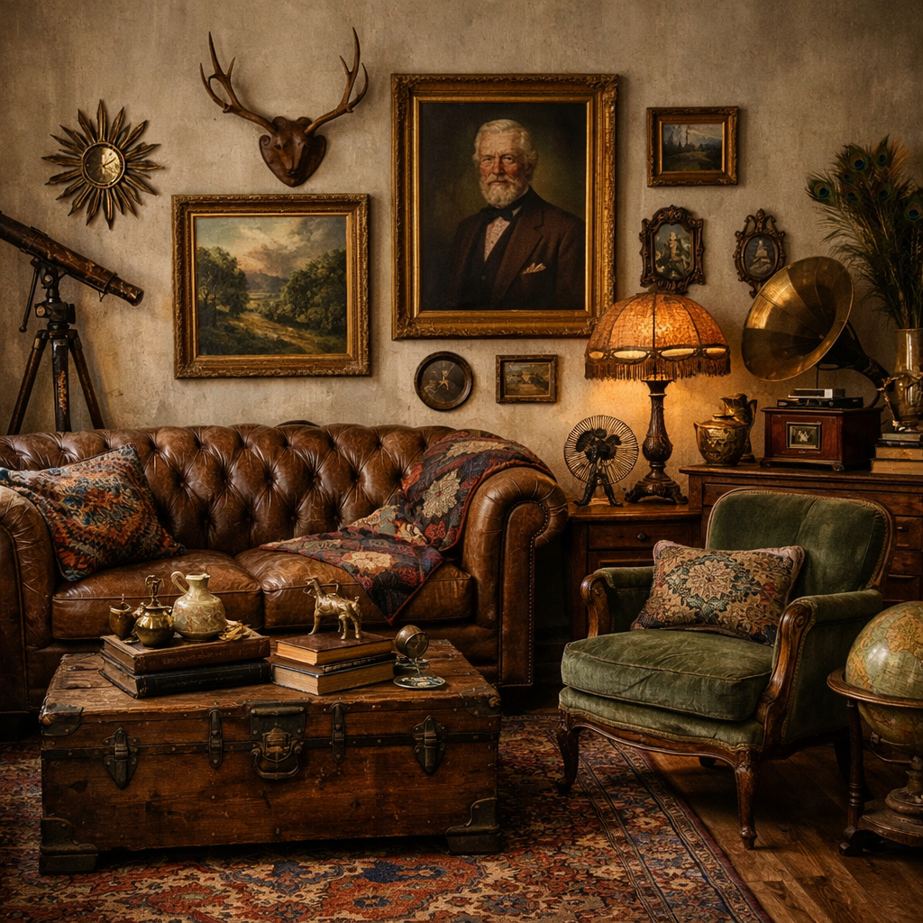 Cozy vintage-inspired living room with leather couch, wooden coffee table, and various decor items.