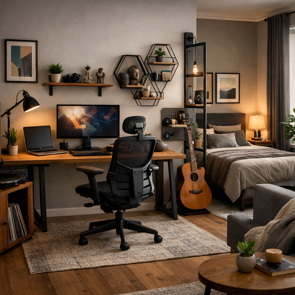 Stylish studio apartment workspace with a wooden desk, ergonomic chair, dual monitors, and decorative wall shelves