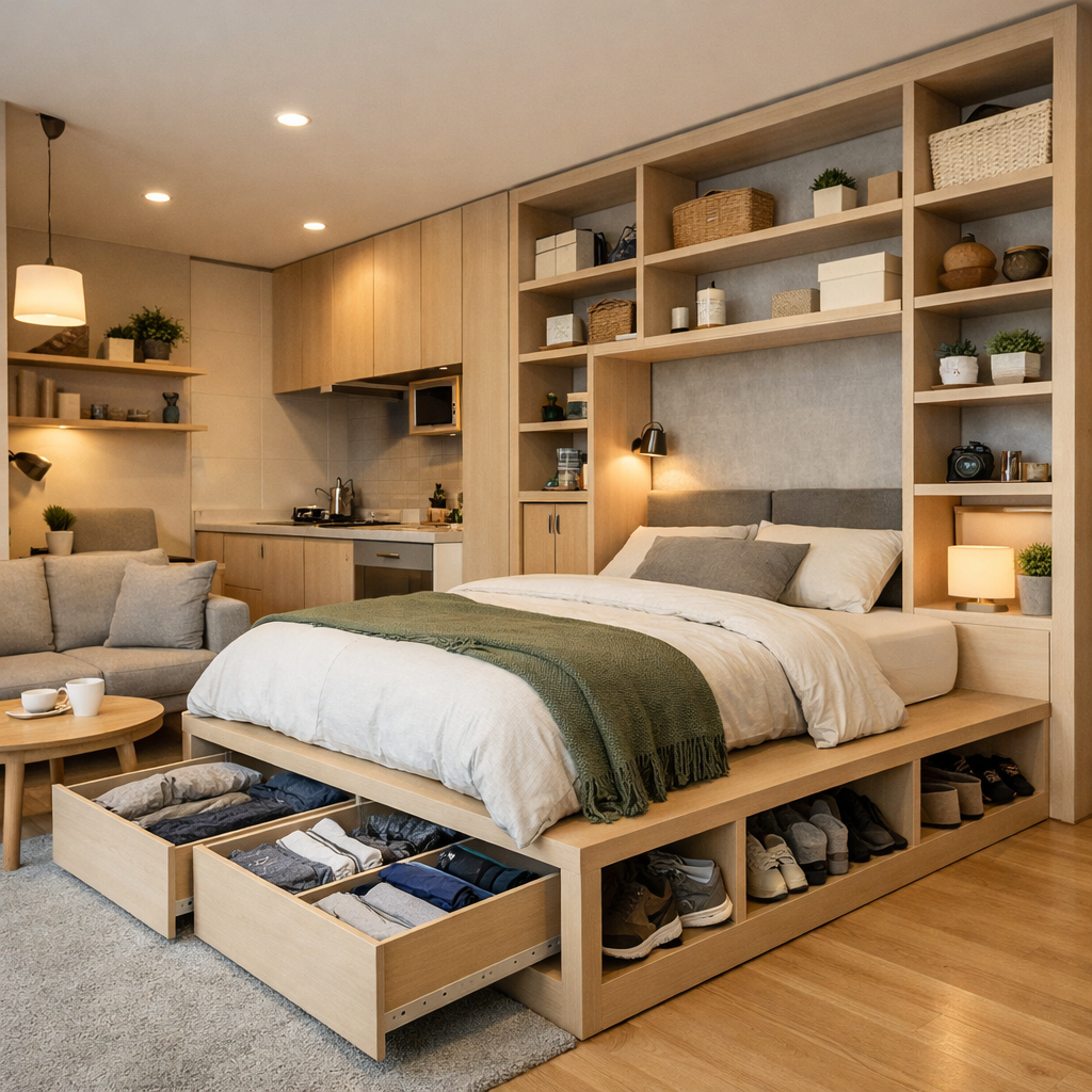 An efficiently organized studio apartment showing clever storage solutions beneath the bed and open shelving above.