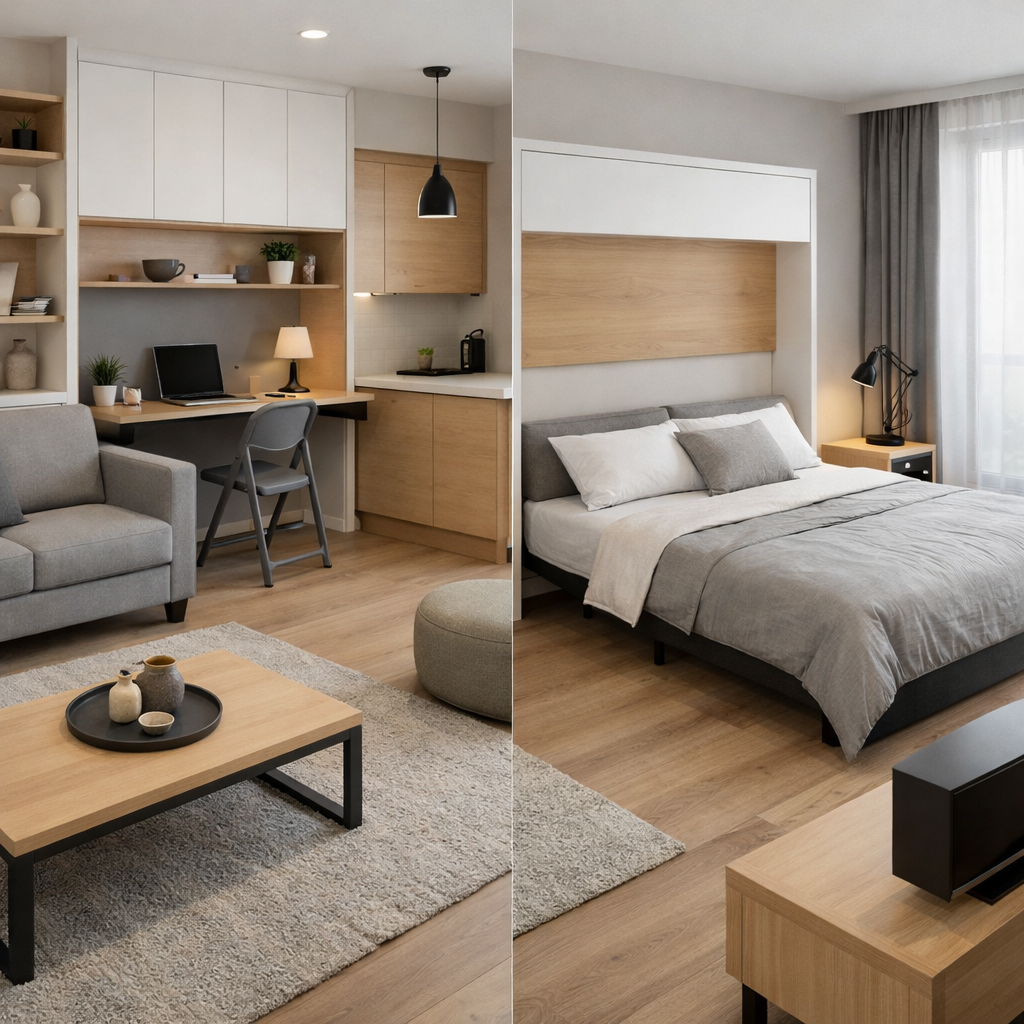 A stylish studio apartment showcasing functional furniture with a living area, kitchen nook, and sleeping area