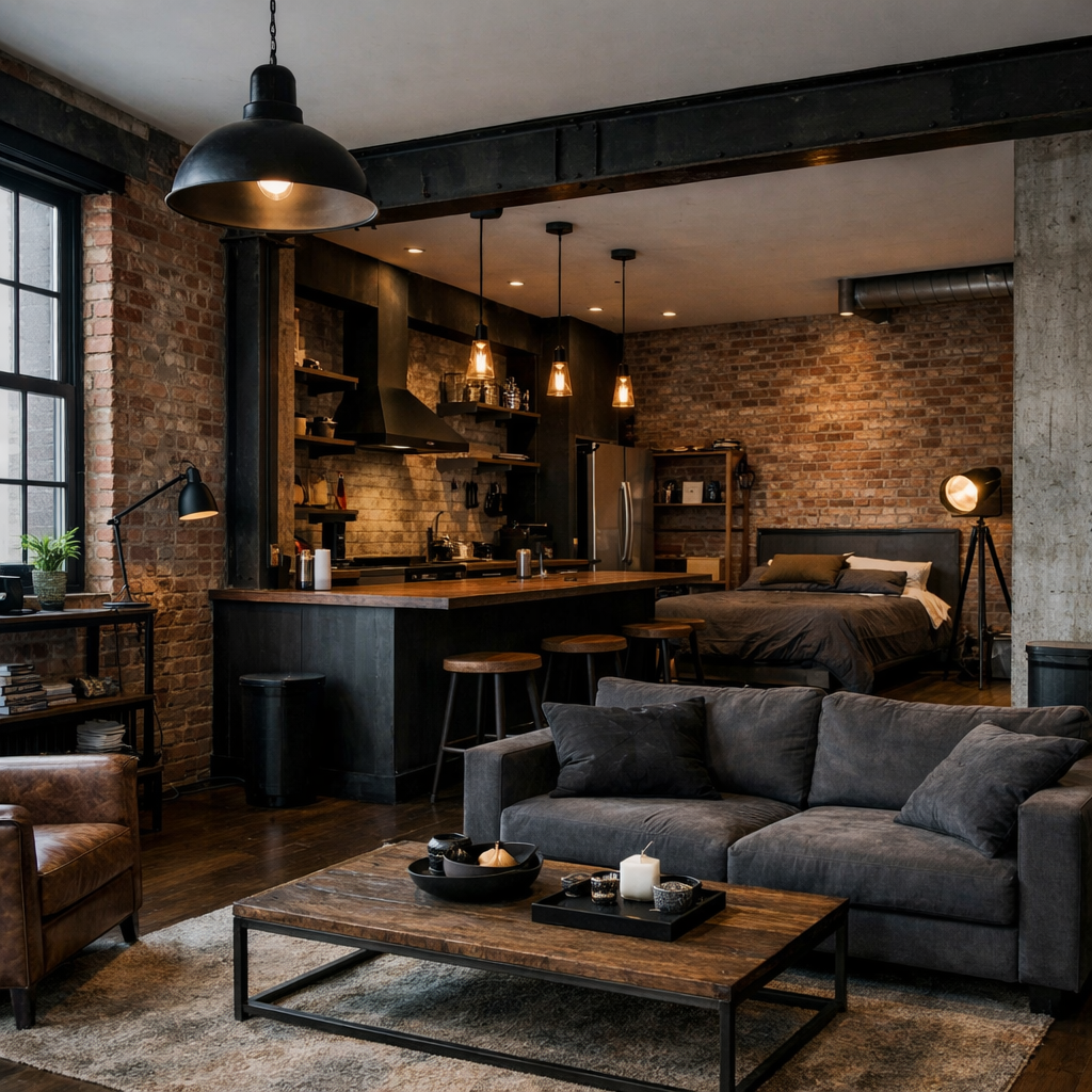 An industrial chic studio apartment featuring exposed brick walls, wooden furniture, and a cozy atmosphere.