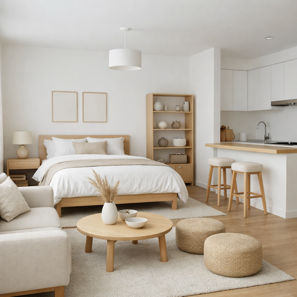 A minimalist studio apartment featuring a cozy bedroom and an open living area, showcasing neutral colors and natural materials.