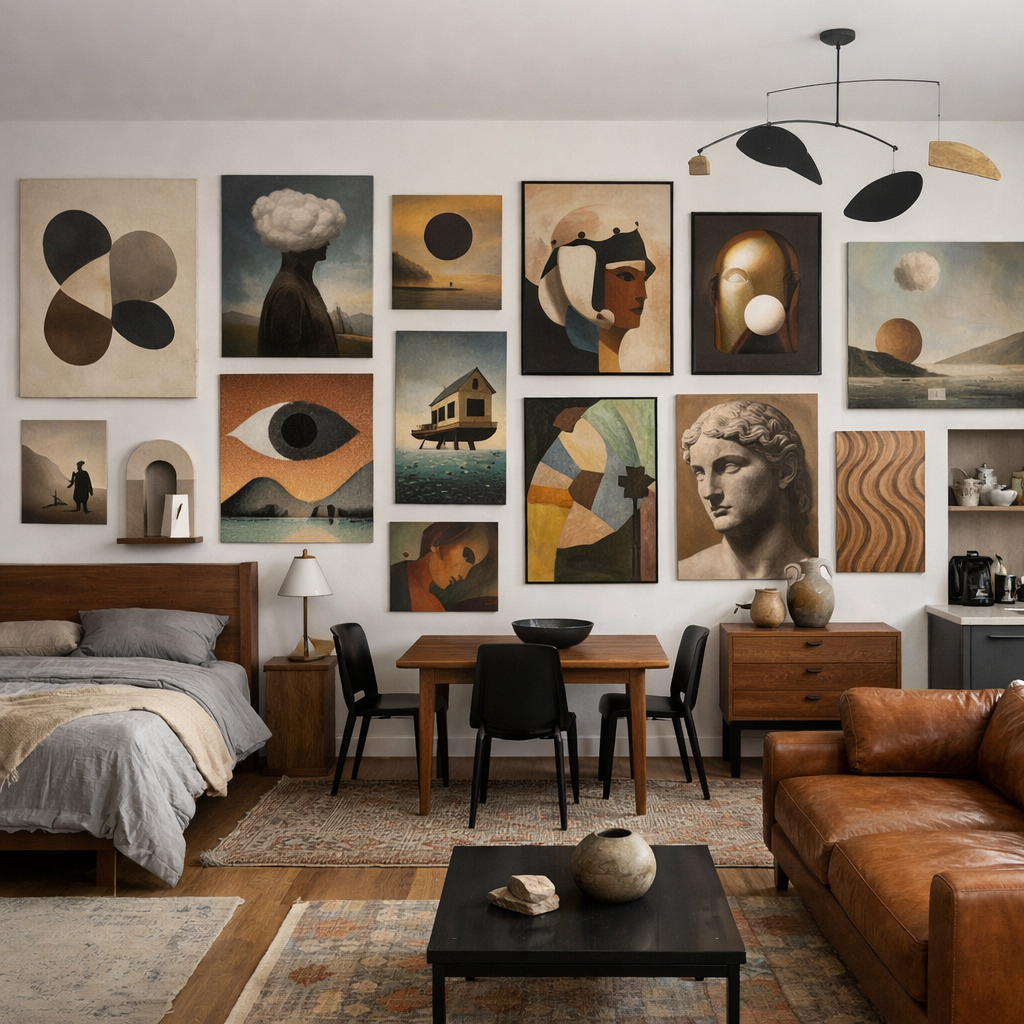A stylish studio apartment with a wall gallery of diverse art pieces, featuring a bed, table, and comfortable seating.