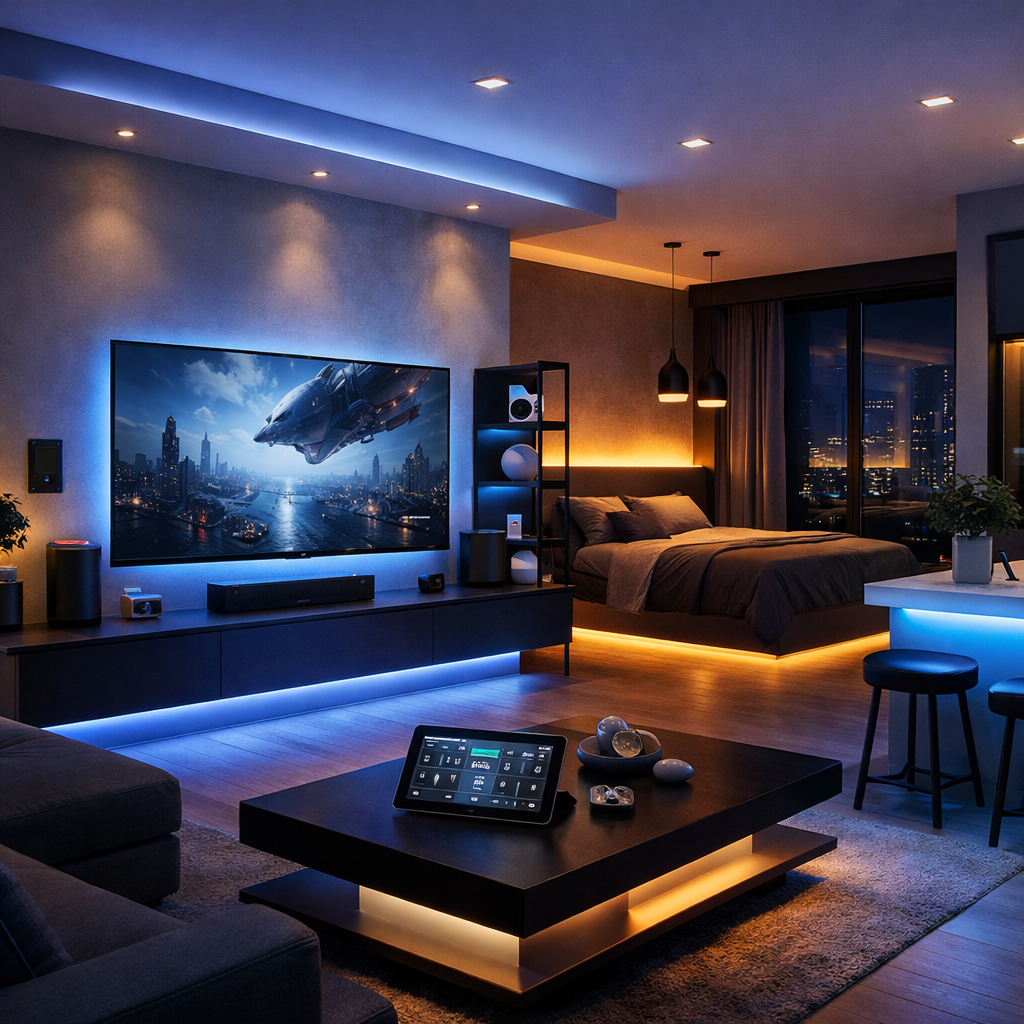 A modern studio apartment showcasing a tech-integrated living space with a large TV, LED lighting, and smart home devices.