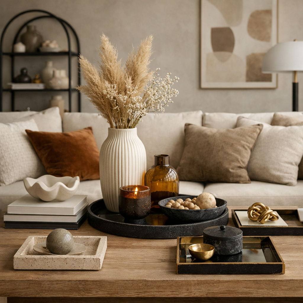 A stylish coffee table with a mix of decorative elements, including a vase with dried flowers, candles, and various textured objects.