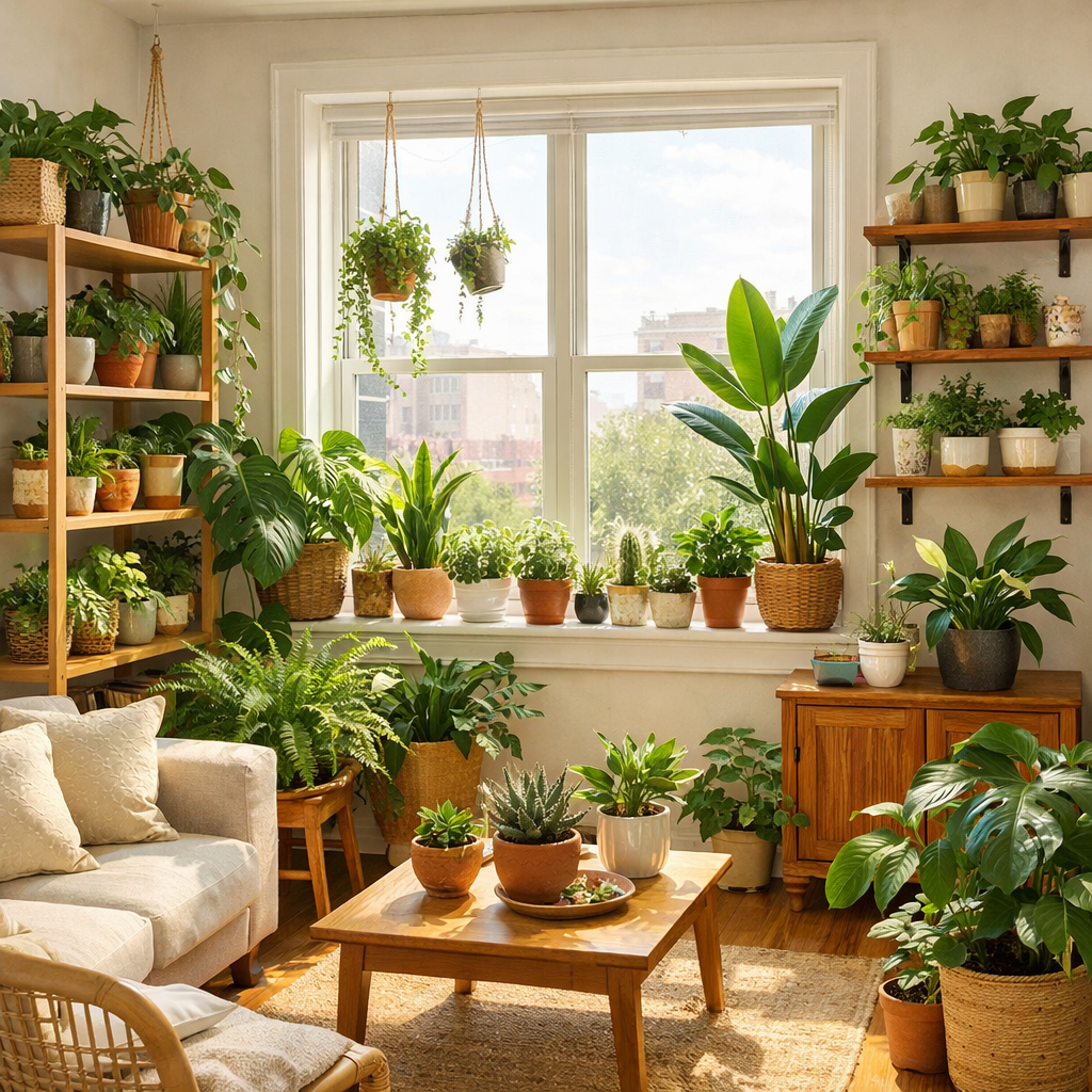 A sunny living room filled with a variety of plants, including hanging, potted, and shelf plants, creating a fresh and vibrant atmosphere.