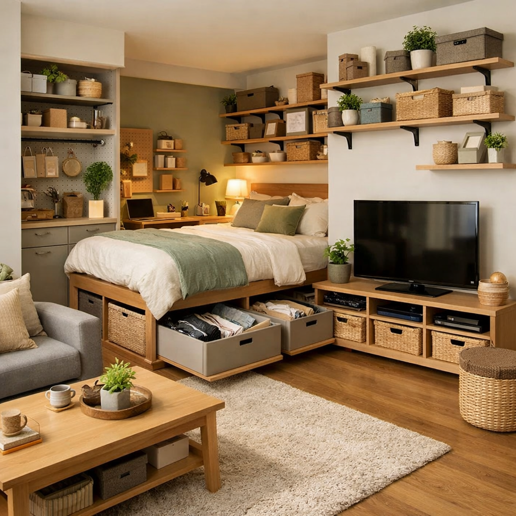 A stylish small bedroom showing various creative storage solutions, including built-in drawers under the bed and open shelving.