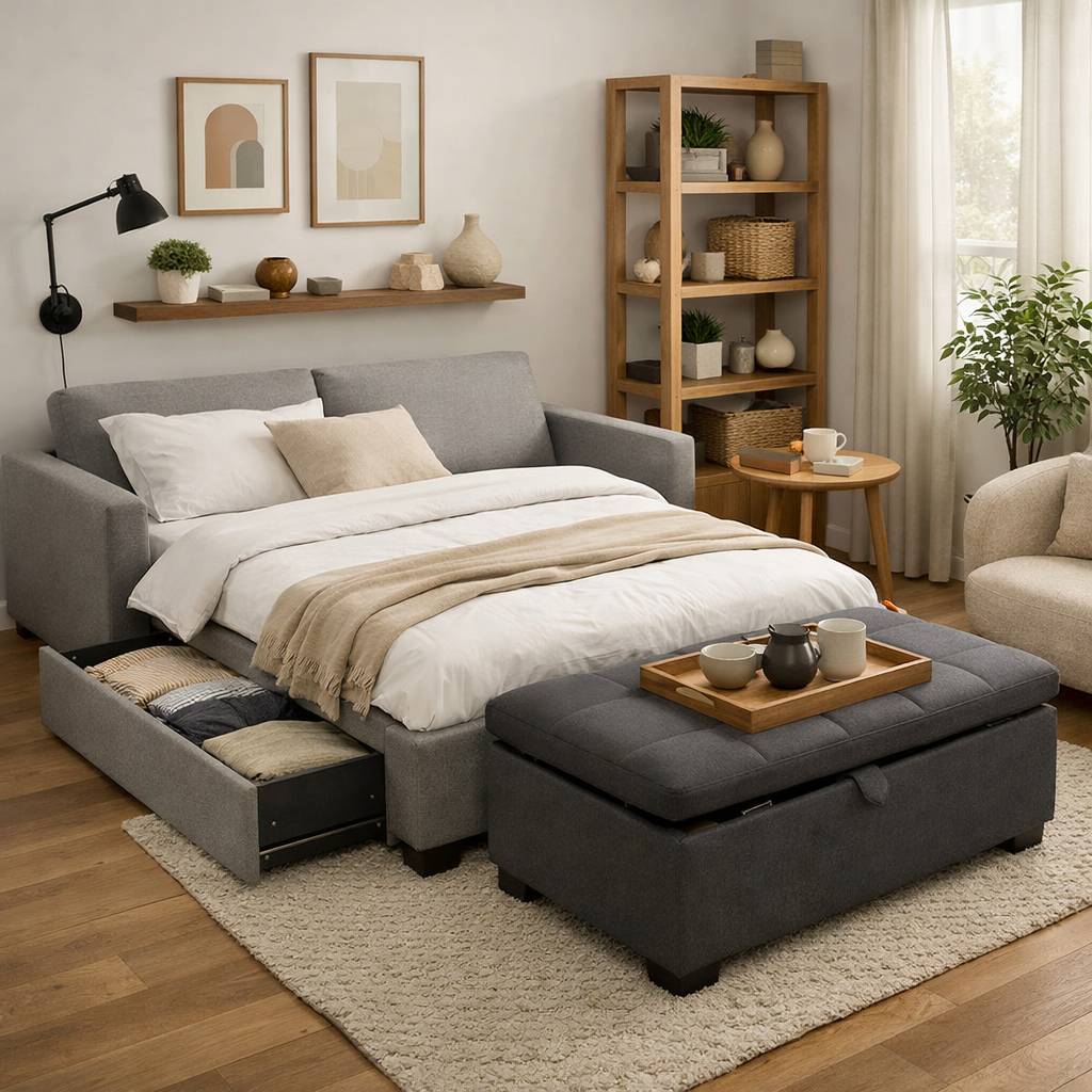 A cozy apartment living space featuring a grey sofa bed, a storage ottoman, and wooden shelves with decor.