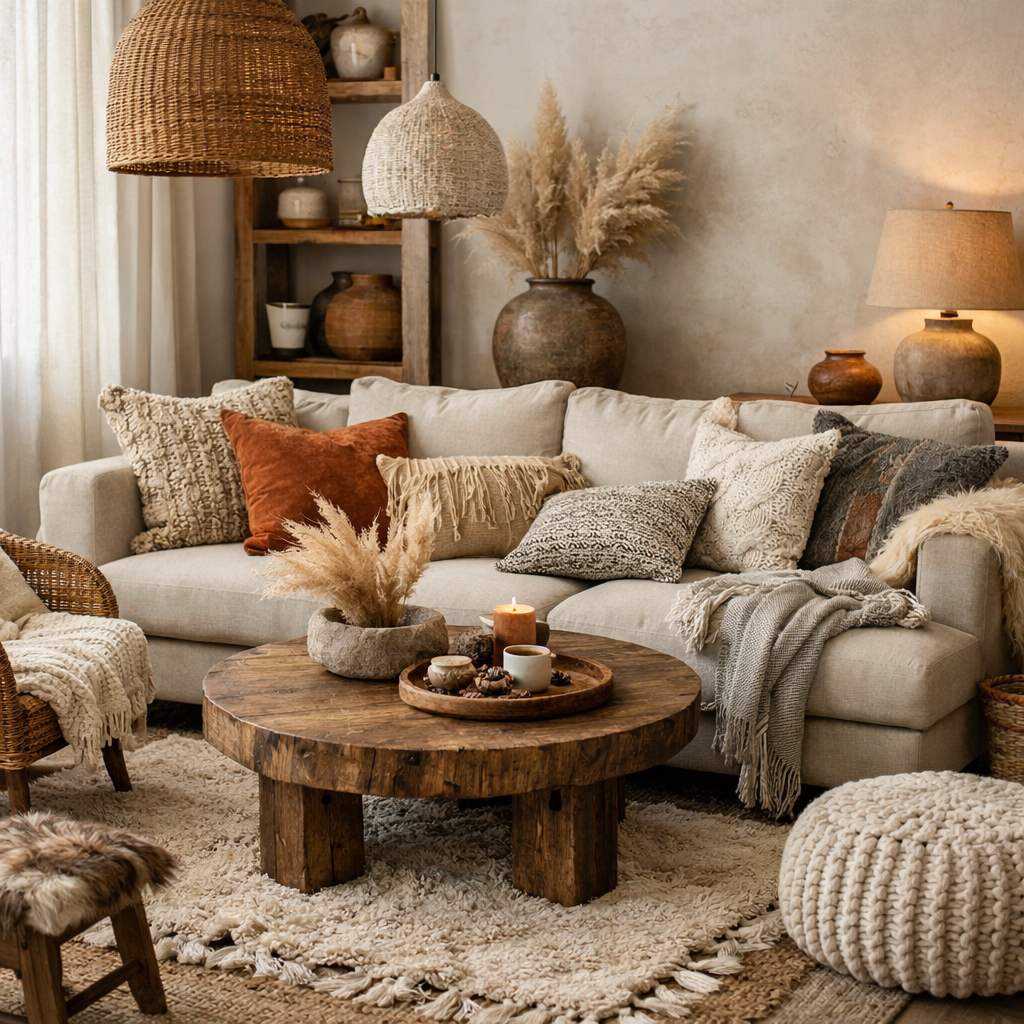 Cozy living room with layered textures including a light sofa, various decorative pillows, wooden coffee table, and natural elements