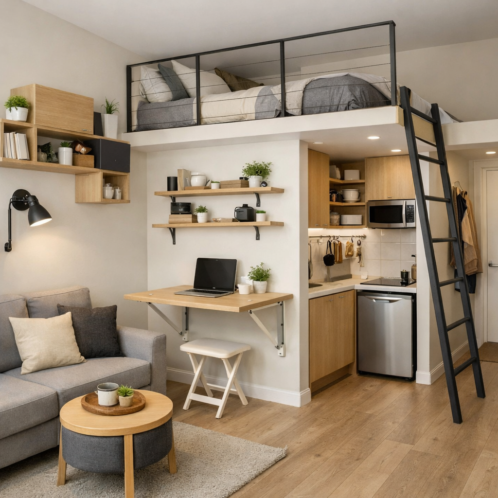 A small apartment with a lofted bed, modern furniture, and organized shelves.