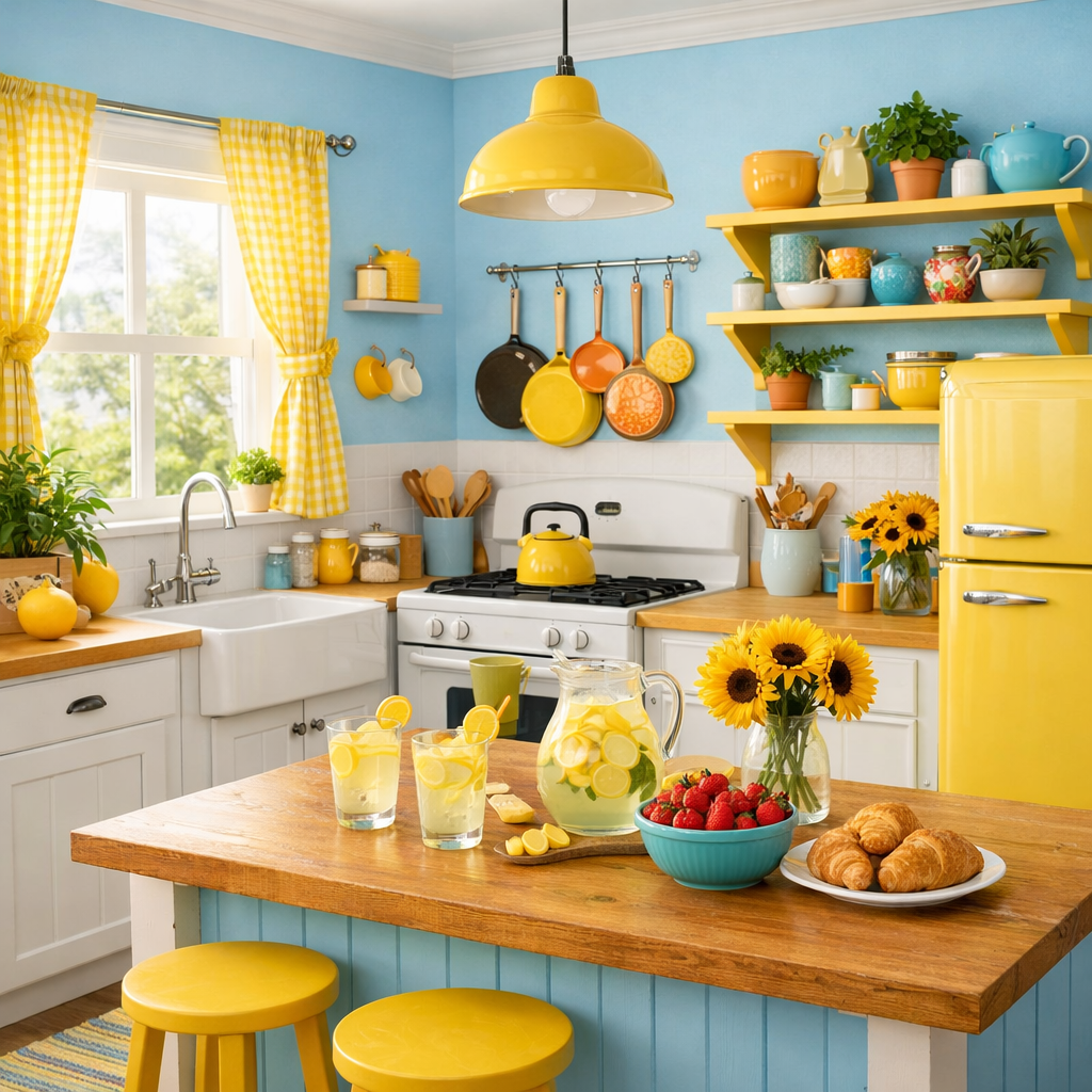 A vibrant kitchen with light blue walls and yellow accents, featuring a wooden table topped with drinks and snacks.