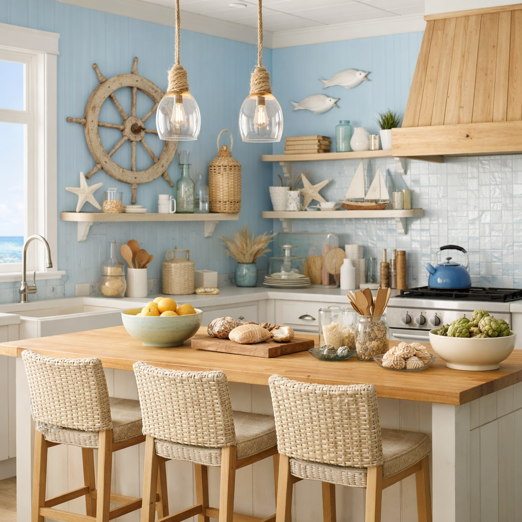 A light blue kitchen with coastal decor, featuring a wooden island and bar stools.